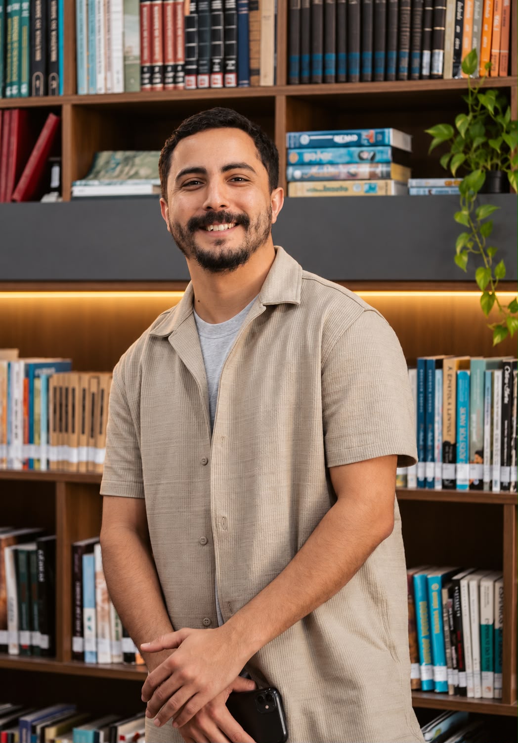 Jonatan Terra em frente a uma estante de livros